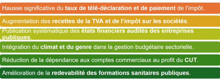 Mobilisation des ressources fiscales Le programme accompagne: • la télédéclaration fiscale ; • le paiement électronique des impôts ; • la facturation électronique ; • l’amélioration des contrôles fiscaux.
